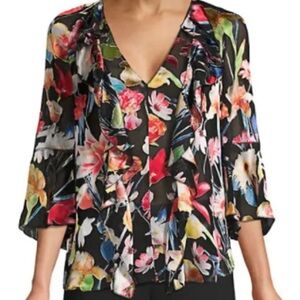 Ellie Tahari Faith Floral Satin Silk Blend Bell Sleeves Burnout Blouse
